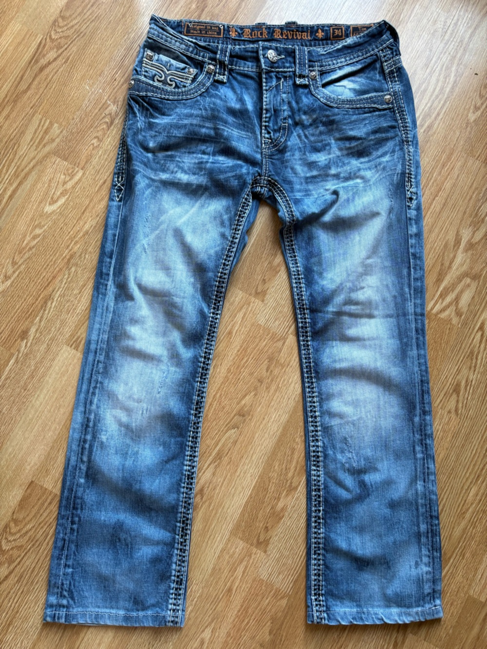 Rock revival size 34 Tim alt straight men jeans faded distressed